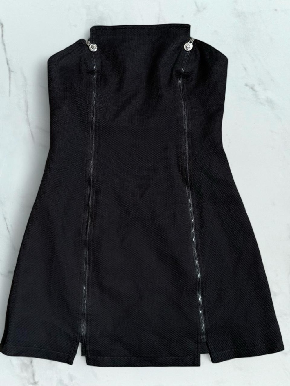 Versace Black Strapless Mini Dress with Silver Zip Pulls